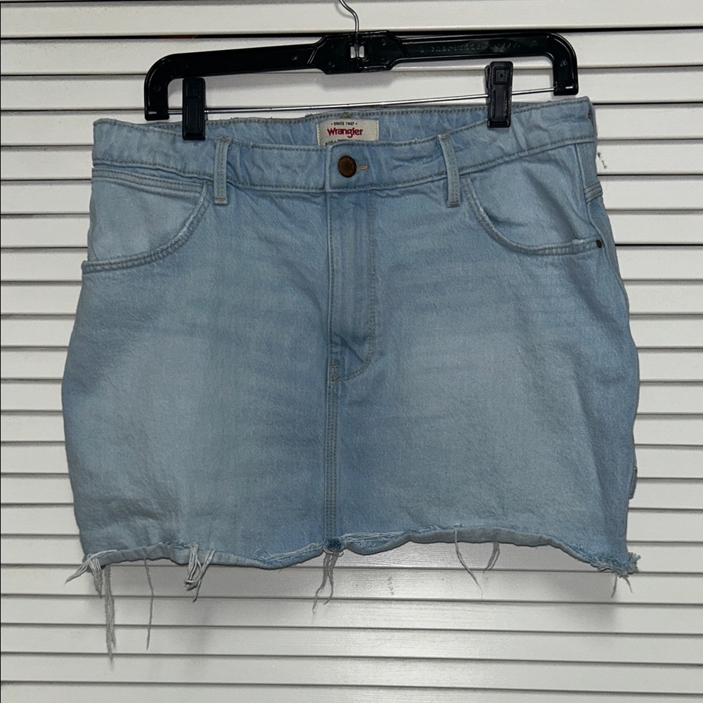 Wrangler Light Blue Denim Mini Skirt with Frayed Hem